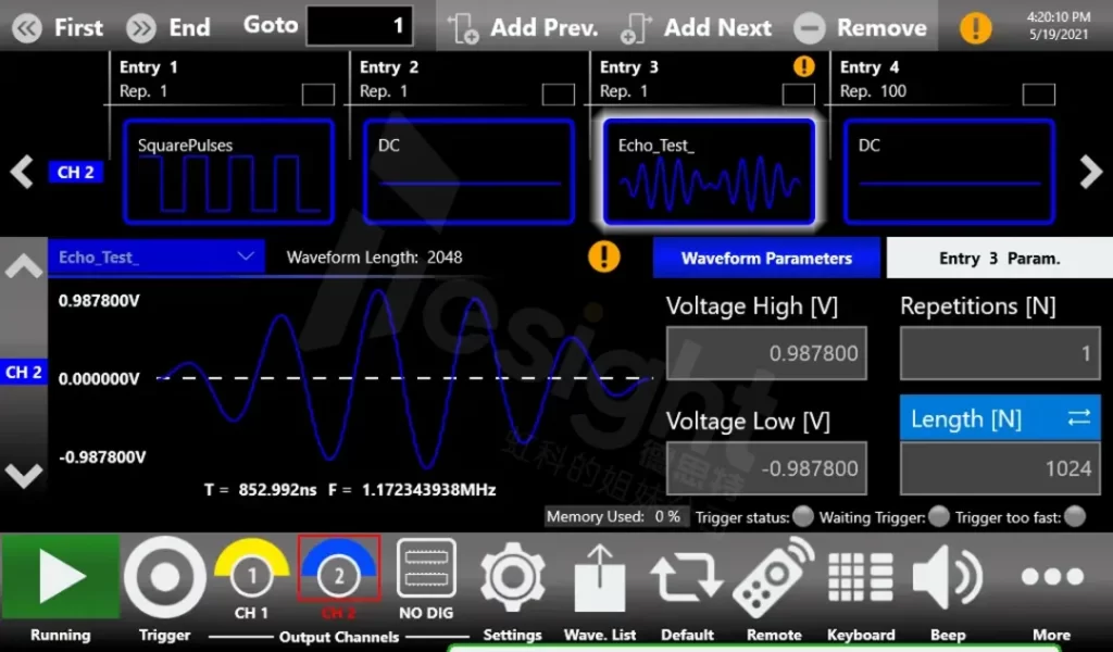 TS-AWG4000系列的序列器装载了一列脉冲、一个作为暂停的直流电平和一个作为超声响应的回波