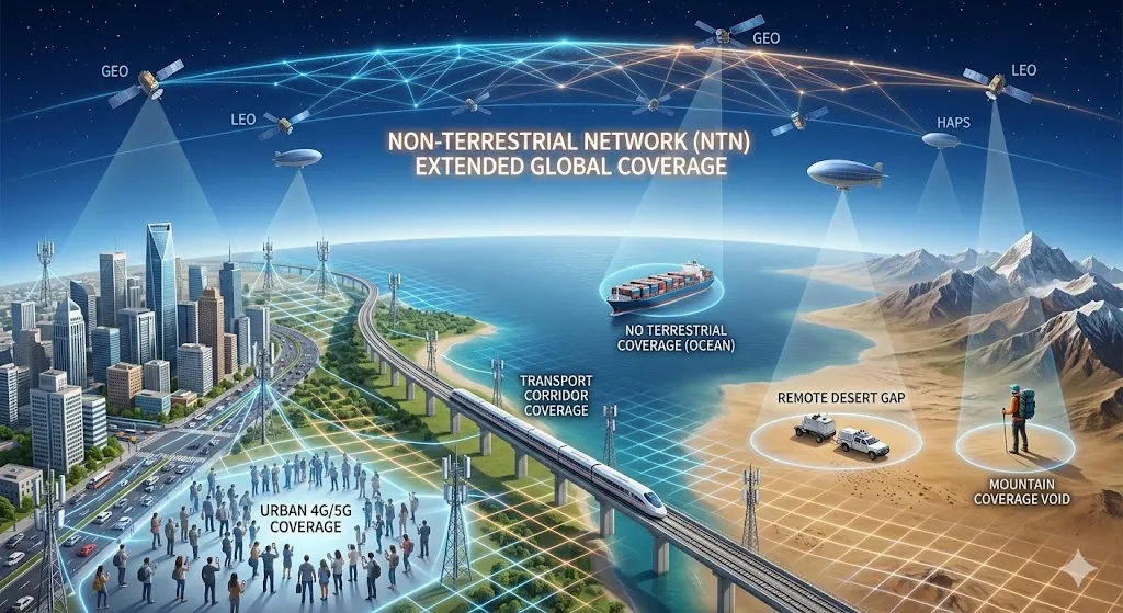 非地面网络 NTN 助力全球覆盖示意图